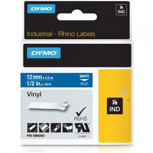 Dymo Rhino 1805243 White on Blue Vinyl Tape - 12mm