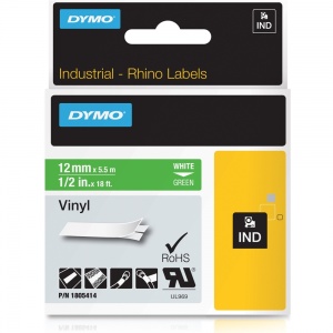 Dymo Rhino 1805414 White on Green Vinyl Tape - 12mm