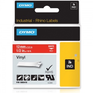 Dymo Rhino 1805416 White on Red Vinyl Tape - 12mm