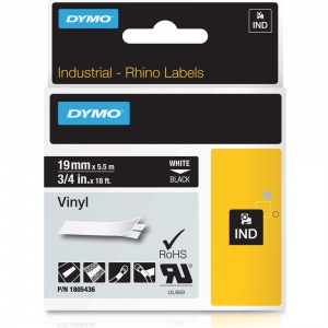 Dymo Rhino 1805436 White on Black Vinyl Tape - 19mm