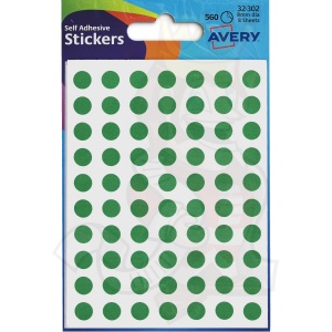 Avery Coloured Labels Round 8mm Diameter Green 32-302 (10 Packs of 560 Labels)