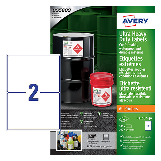 Avery B7168-50 Ultra Resistant Labels, 50 Sheets, 2 Labels per Sheet (100 labels)