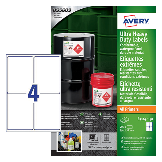 Avery B7169-50 Ultra Resistant Labels, 50 Sheets, 4 Labels per Sheet (200 labels)