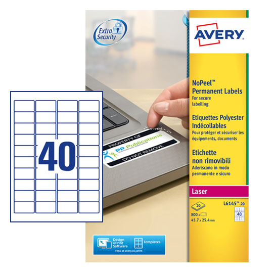 Avery L6145-20 NoPeel Labels, 20 Sheets, 40 Labels per Sheet (800 labels)