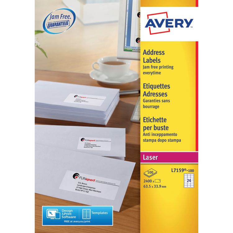 Avery L7159-100 Address Labels, 100 Sheets, 24 Labels per Sheet (2400 labels)