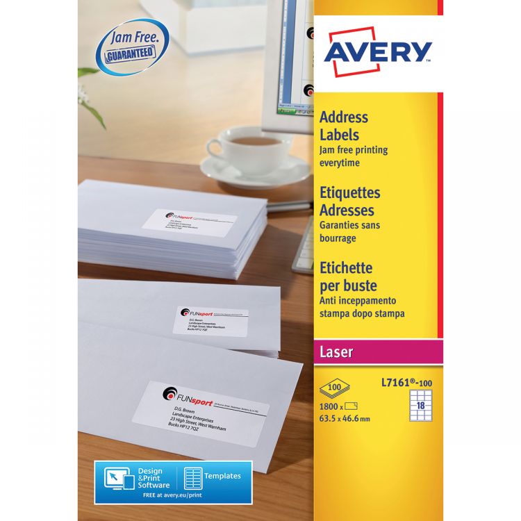 Avery L7161-100 Address Labels, 100 Sheets, 18 Labels per Sheet (1800 labels)
