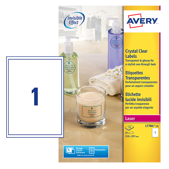 Avery L7784-25 Crystal Clear Labels, 25 Sheets, 1 Label per Sheet (25 labels)