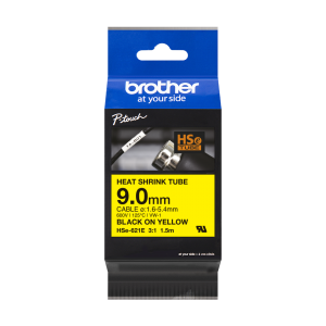 Brother HSe621E Heat Shrink Tube, Black on Yellow - 9mm (New 3:1)