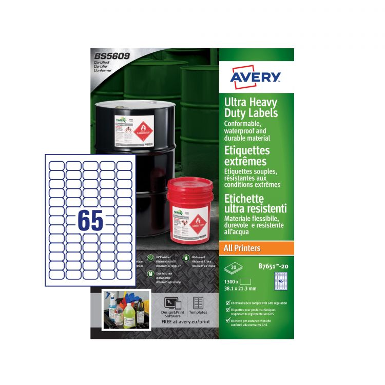 Avery B7651-20 Ultra Resistant Labels, 20 Sheets, 65 Labels per Sheet (1300 labels)