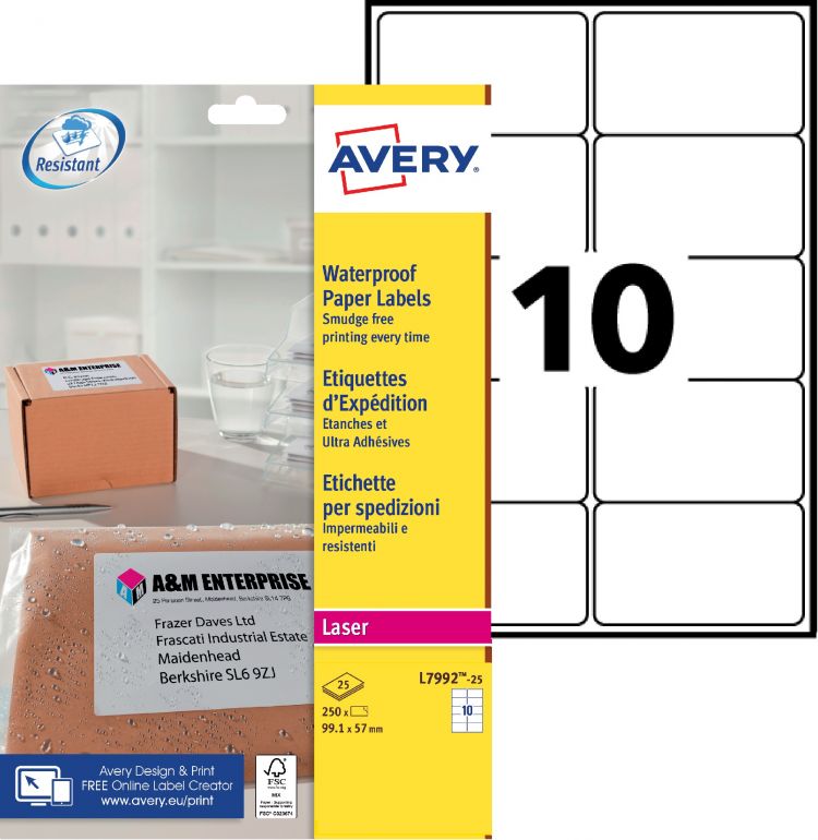 Avery L7992-25 Waterproof Labels, 25 Sheets, 10 Labels per Sheet (250 labels)