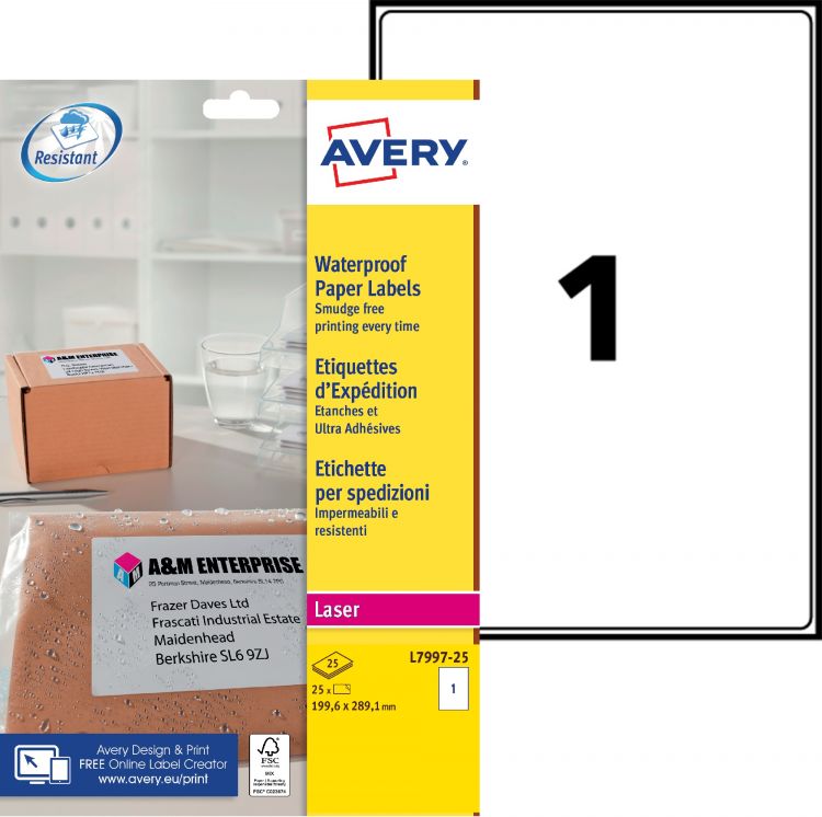 Avery L7997-25 Waterproof Labels, 25 Sheets, 1 Label per Sheet (25 labels)