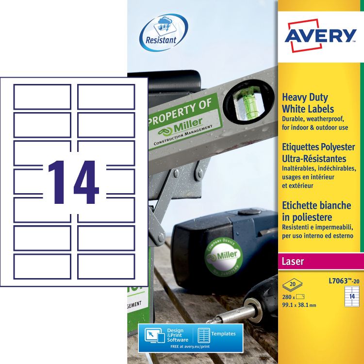 Avery L7063-20 Resistant Labels, 20 Sheets, 14 Labels per Sheet (280 labels)