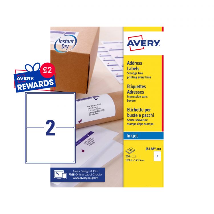 Avery J8168100 Parcel Labels, 100 Sheets, 2 Labels per Sheet (200