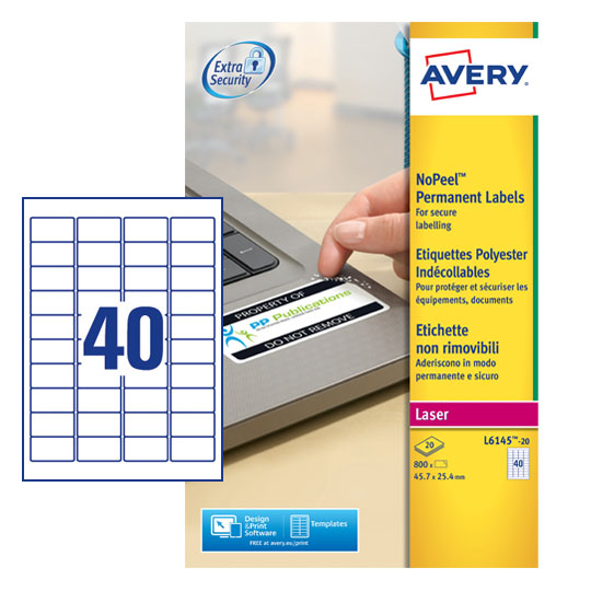 Avery L6145-20 NoPeel Labels, 20 Sheets, 40 Labels per Sheet (800