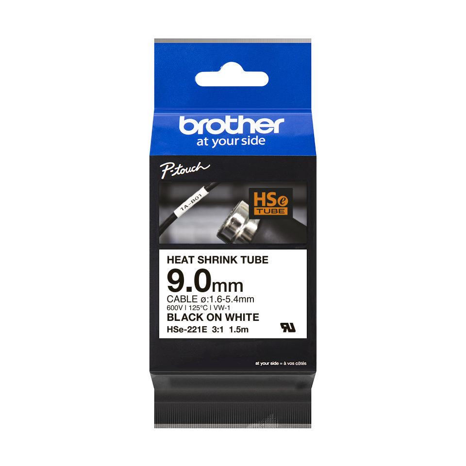 Brother HSe-221E Heat Shrink Tube, Black on White - 9mm (New 3:1 ...