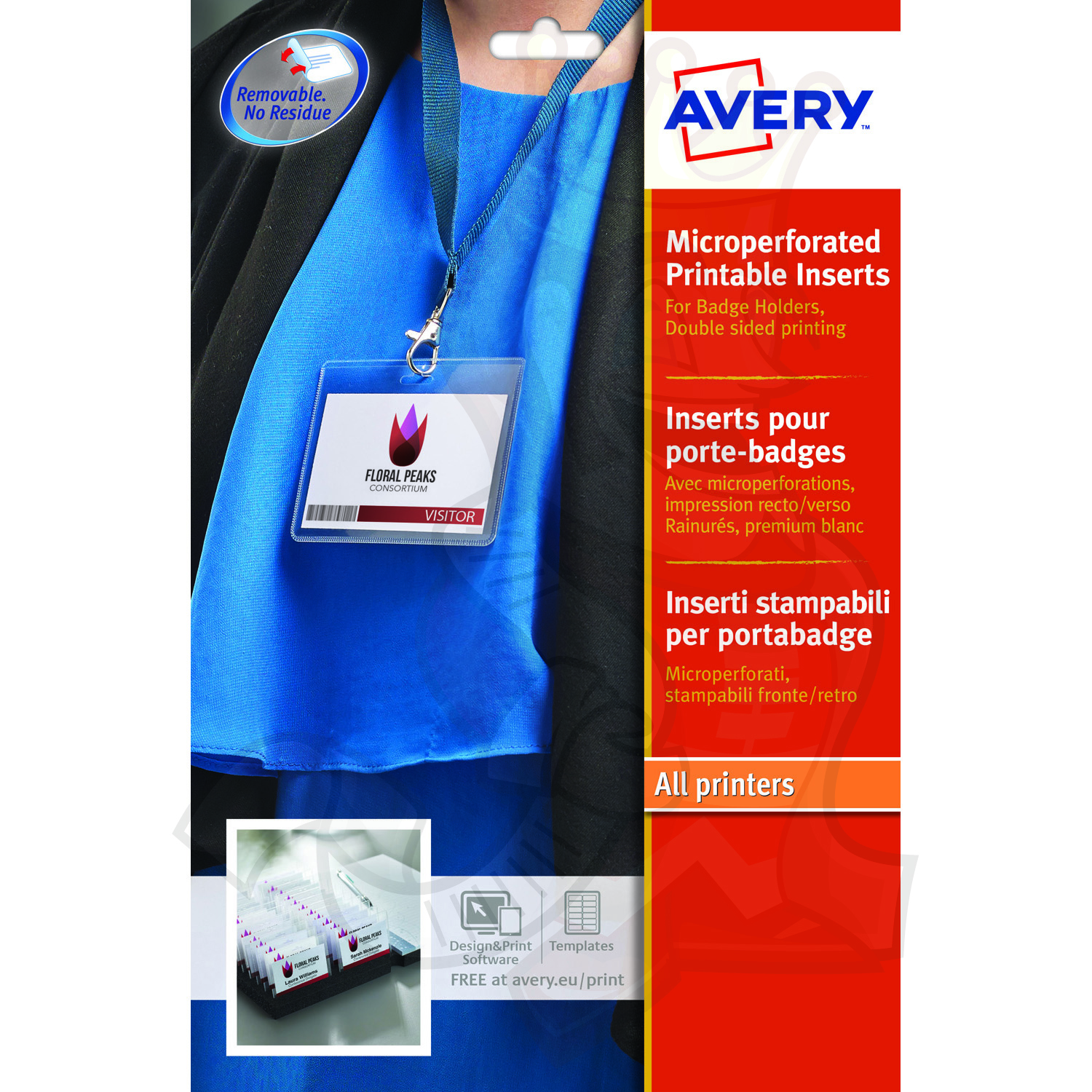 Avery L7418-25 Pack de 200 Inserts badge micro perforé impression laser/jet dencre 55 x 86 mm Blanc 