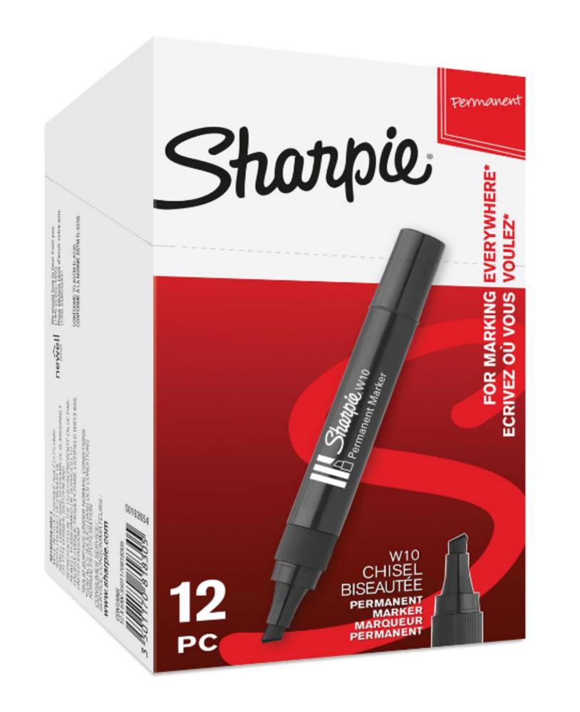 Sharpie W10 Permanent Marker Chisel Tip Black Box of 12 Label King